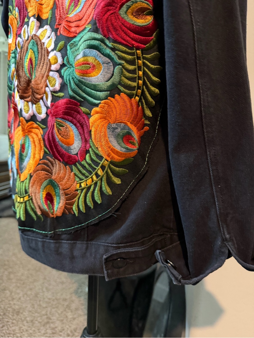 Black Denim Jacket with Colorful Embroidered Back - Picture 10 of 15